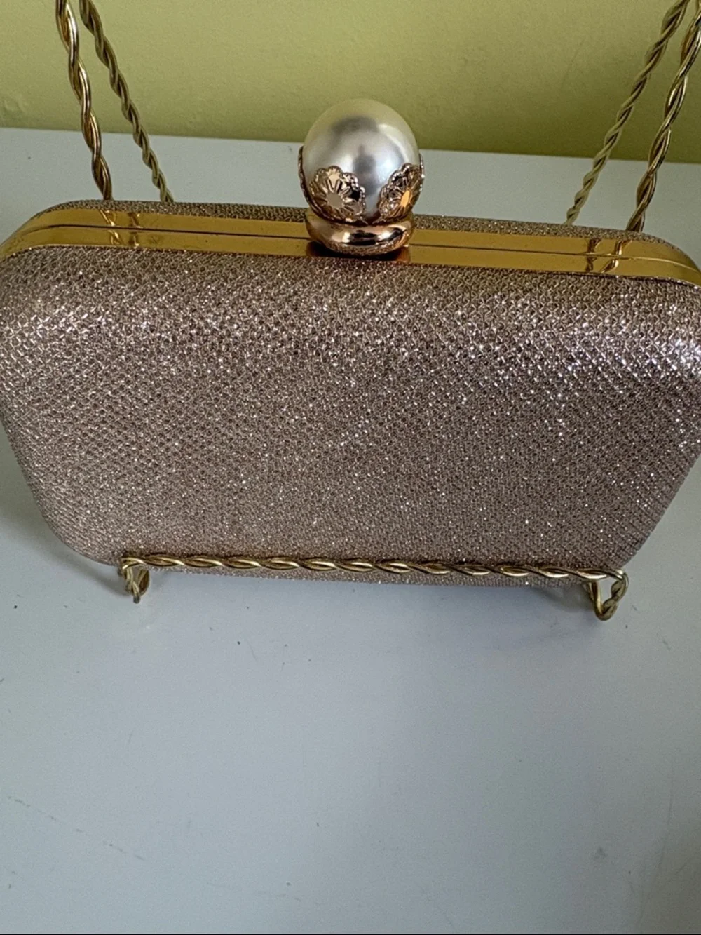 Unbranded Rose Gold Glitter Pearl-Clasp Evening Clutch/Crossbody